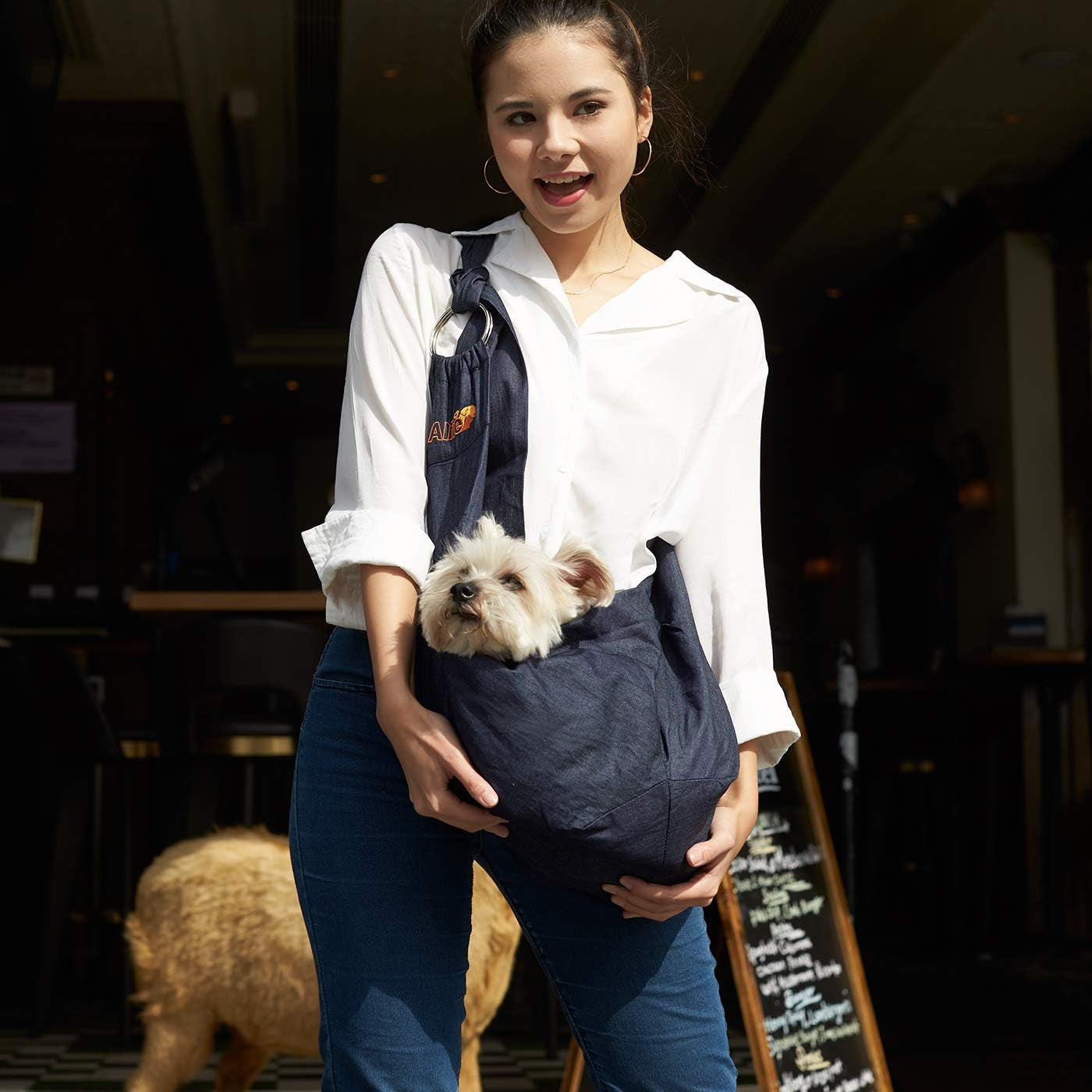 Pet - 3-Piece Dog Park Bundle: Chico 2.0 Revisible Pet Sling Carrier, Microfiber Fast-Dry Towel, Rosh Collapsible Travel Bowl - Color: Denim Sling, Orange Bowl