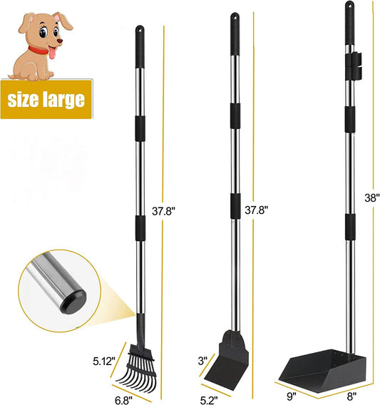 Dog Pooper Scooper, 3 Pack Poop Scooper Set with Metal Tray Rake Spade, Long Handle Metal Pooper Scooper for Large Medium Small Dogs