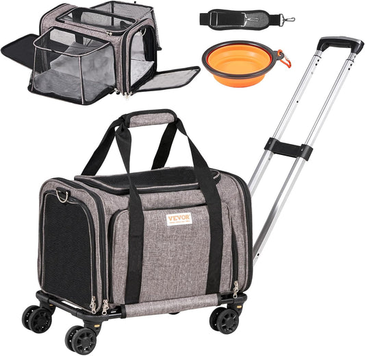 Airline Approved Pet Carrier with Wheels, Expandable Rolling Cat Dog Carrier for Medium Dogs and Cats under 25LBS, Pet Travel Carrier on Wheels with Upgraded Wheels and Telescopic Handle