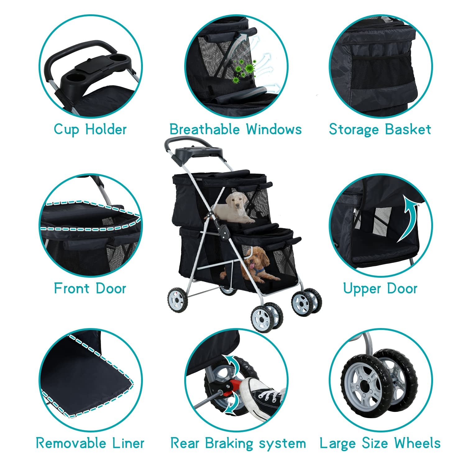 Double Pet Strollers for 2 Dogs and Cats 4 Wheel Doggie Small Medium Pets with Safety Belts Folding Portable Dog Cat Storage Basket Travel Jogger (Black), 30 X 19 40 Inch