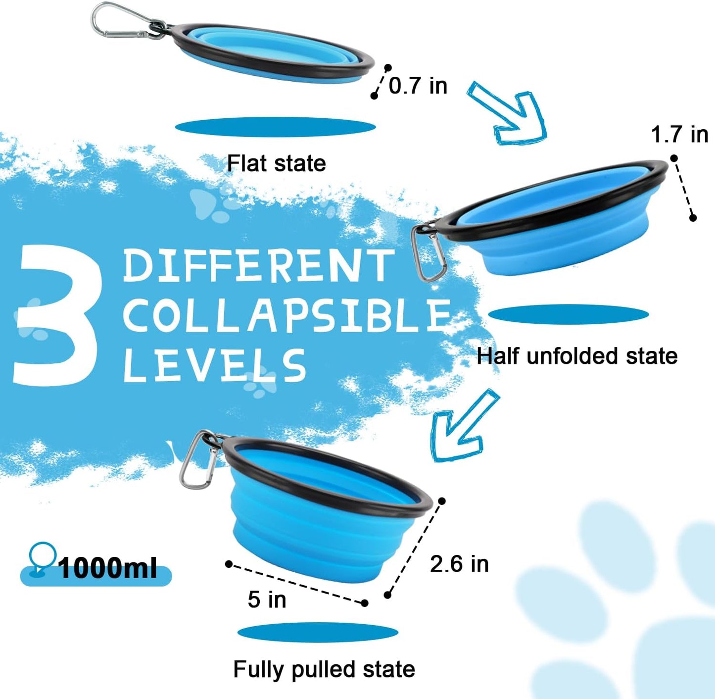 Large Collapsible Dog Bowls 1000 Ml, 2-Pack Dog Portable Water Bowl for Dogs Cats Pet Foldable Feeding Watering Dish for Traveling Camping Walking with 2 Carabiners, BPA Free