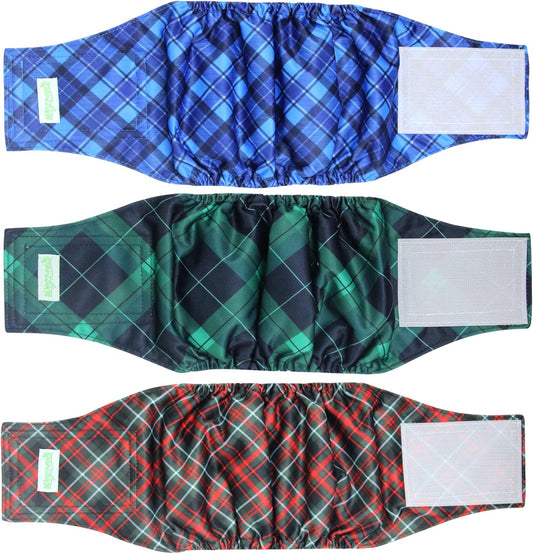 Washable Male Dog Belly Band (Stylish Pattern)- Pack of 3 - Washable Male Dog Belly Wrap, Dog Diapers Male (Blue, Green, Red Plaid, L)
