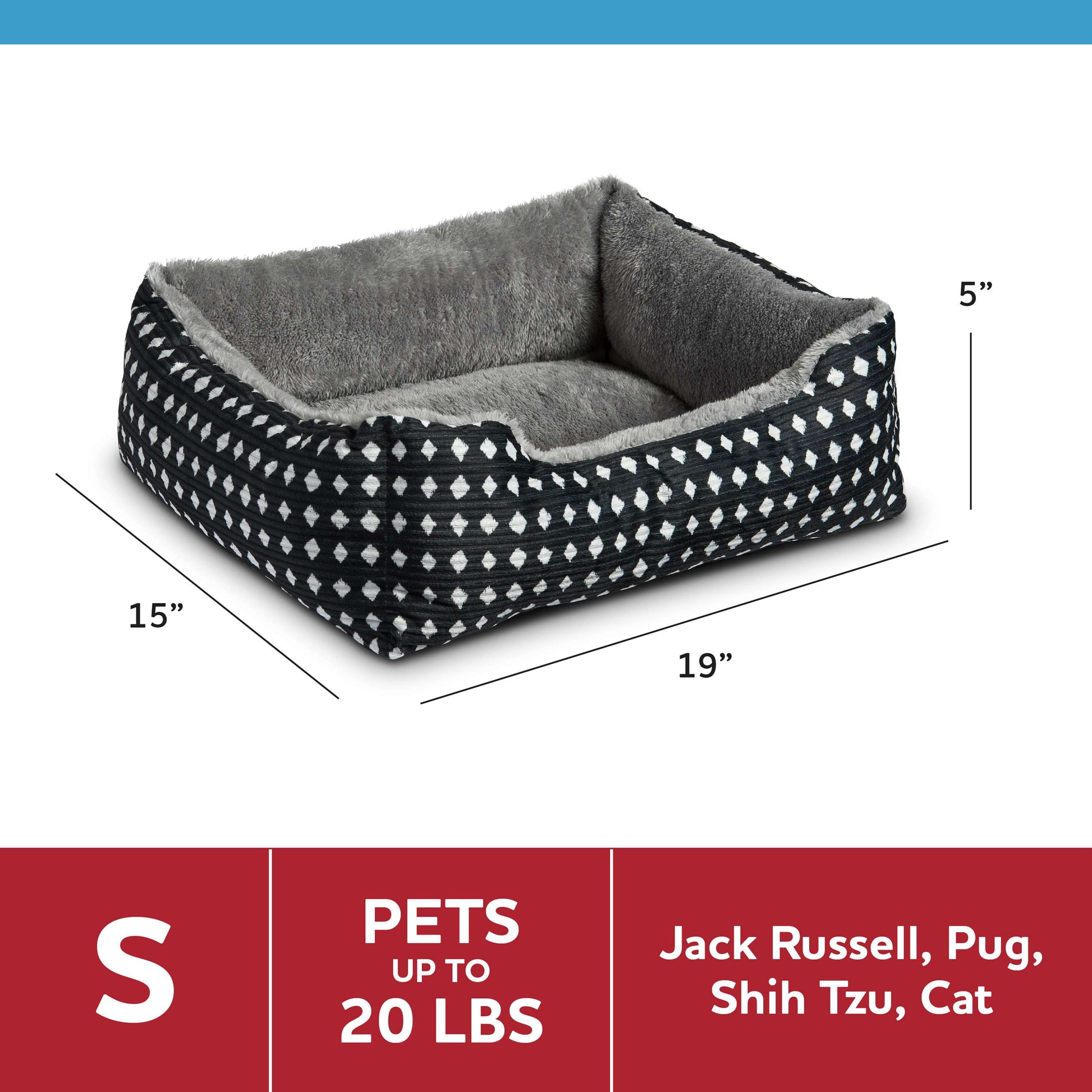 (3 Pack)  Bed for Dogs & Cats, Plush Cuddler, Portable, Machine Washable, Black & White Diamonds, 19" × 15"