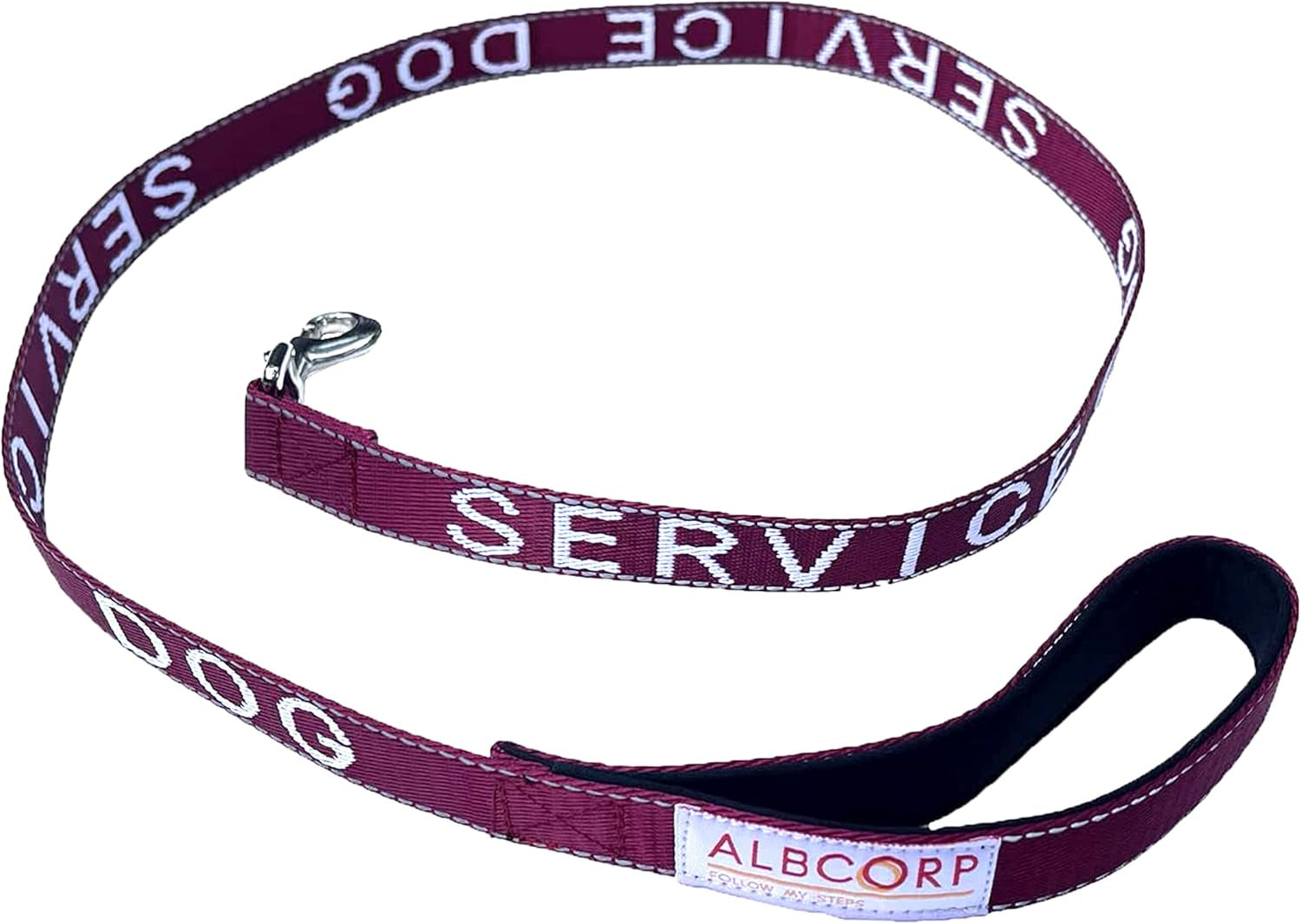 Service Dog Leash - Embroidered- with Padded Neoprene Handle and Reflective Threads, 4 Feet, for Harnesses, Vests or Collars, Maroon