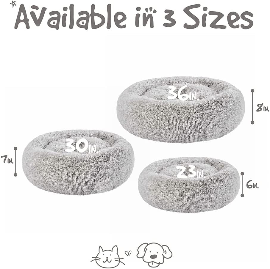 Luxurious Faux Fur Calming Dog Bed - Plush Anti-Anxiety Sofa for Small Dogs, Machine Washable & Non-Slip, 23" x 23" x 6", Elegant Grey