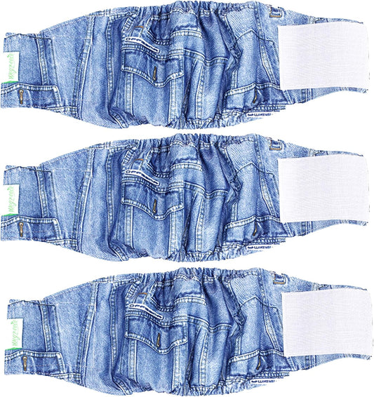 Jeans Washable Male Dog Diapers (Pack of 3) - Washable Male Dog Belly Wrap (Medium - 15"- 17" Waist)