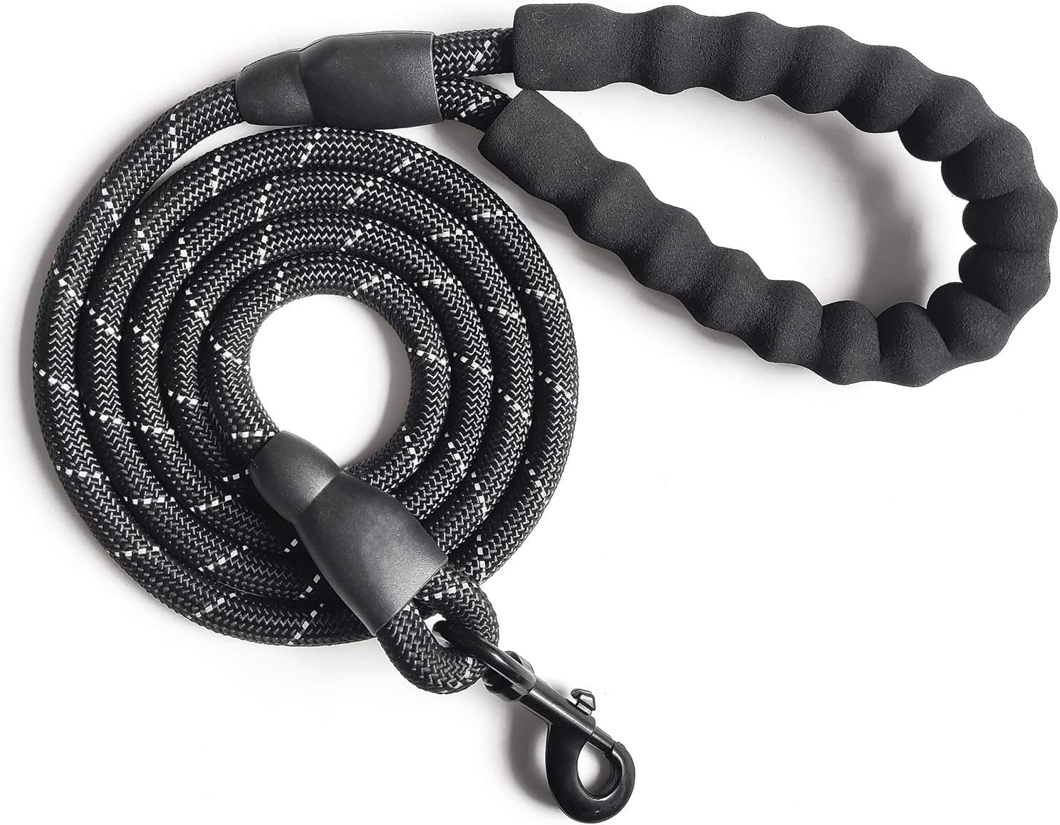 10 FT Strong Dog Leash Extra Heavy Duty Rock Climbing Rope Comfortable Padded Handle Highly Reflective Threads for Small Medium Large Dogs, 1/2 Inch Diameter (Black Black)