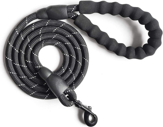 10 FT Strong Dog Leash Extra Heavy Duty Rock Climbing Rope Comfortable Padded Handle Highly Reflective Threads for Small Medium Large Dogs, 1/2 Inch Diameter (Black Black)