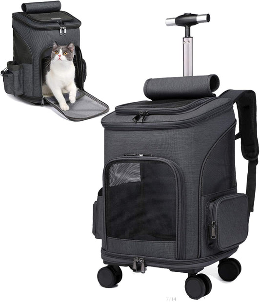 Wheeled Pet Carrier Backpack Pet Stroller, Travel Carrier, Car Seat for Small Dogs Cats Puppies, Comfort Cat Backpack Removable Rolling Wheels – Mesh Ventilation Windows (Black)